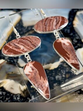 Natural Brown Banded Coco Nova Jasper Crystal Earrings 2 7/8”